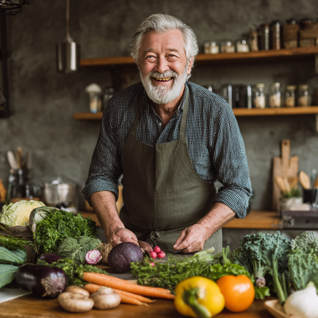 Чоловік 58 років за кухонним столом готує здорову їжу за персональним меню, посміхається та тримає свіжі овочі