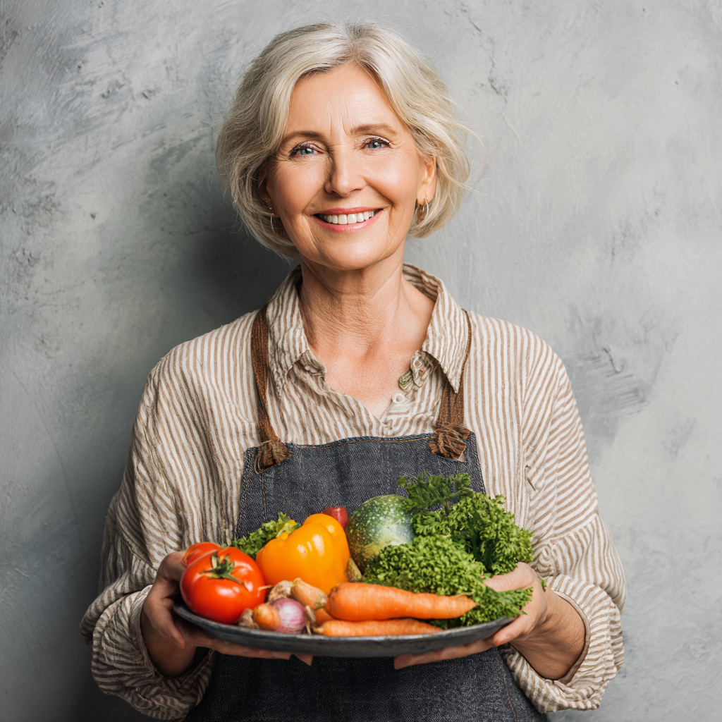 Щаслива жінка 55 років тримає тарілку зі свіжими овочами та усміхається, демонструючи результати здорового харчування