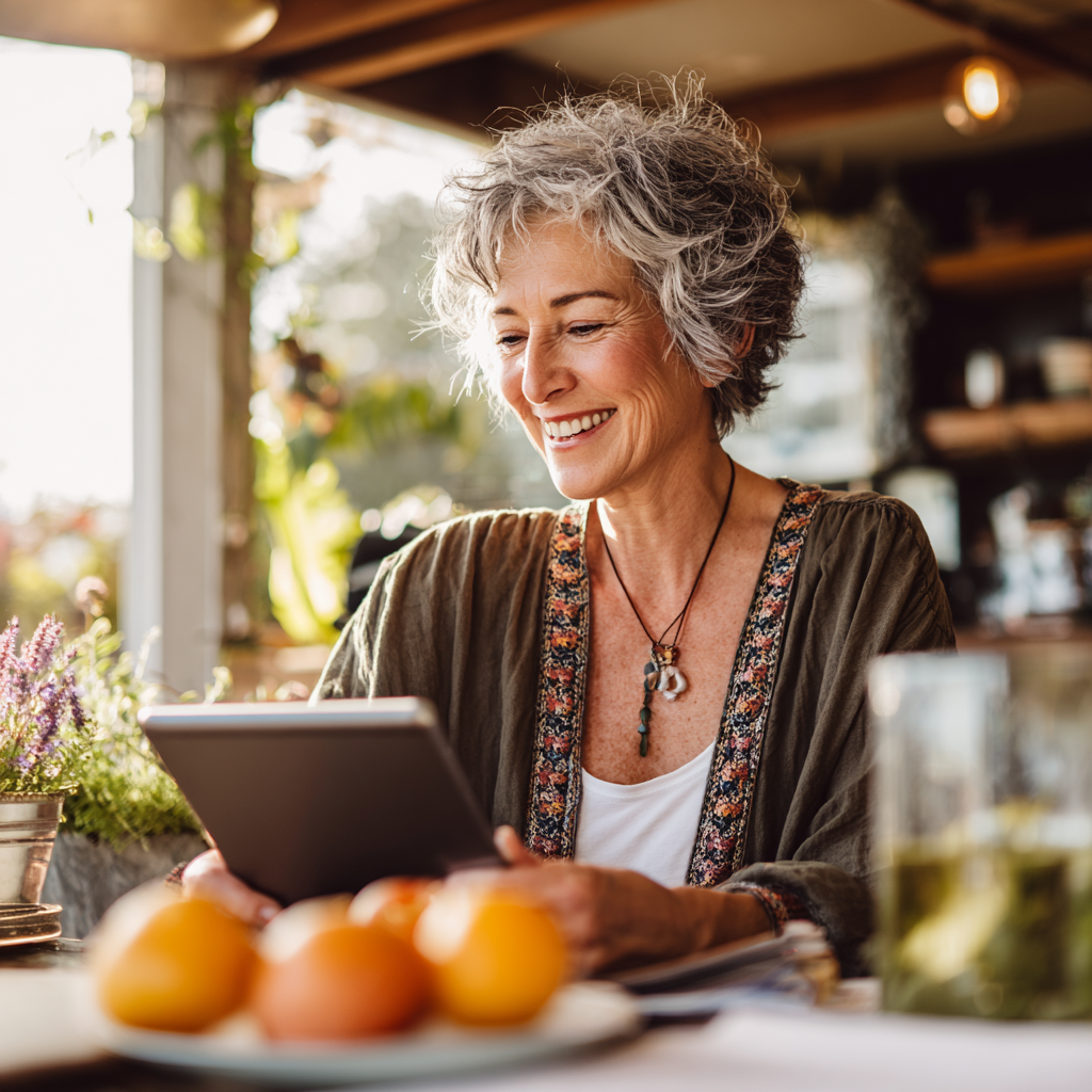 Усміхнена жінка 52 років сидить за столом з планшетом, оглядаючи свій персональний план харчування siktraval